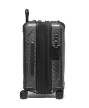 Load image into Gallery viewer, Side panel view of the suitcase with the expandable feature unzipped. it features a grab handle and a tag.
