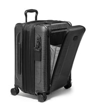 Load image into Gallery viewer, Angled front view of the suitcase with the panel&#39;s pocket unzipped. 
