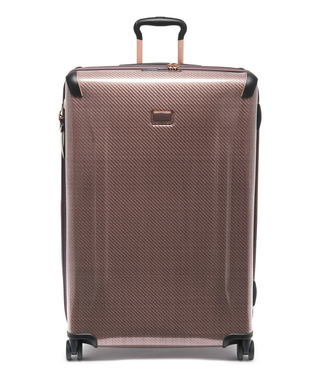 Front panel view of the blush colored suitcase. 