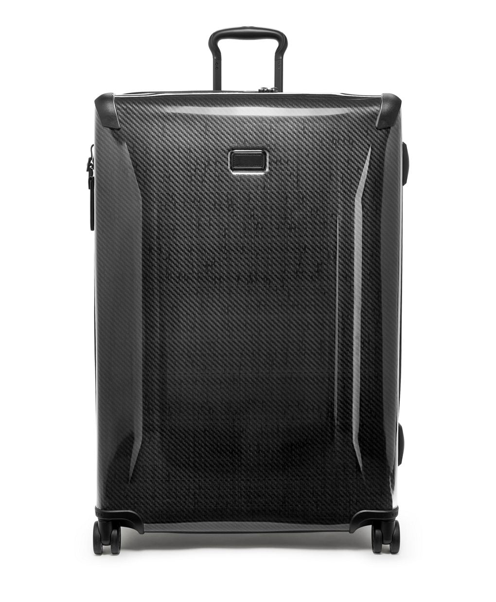 A black 4-wheeled expandable packing case with a telescoping handle, spinner wheels, and a retractable grab handle.