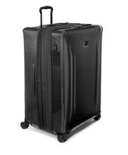 Load image into Gallery viewer, Angled front panel view of the black suitcase with the expandable feature unzipped. 
