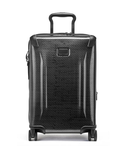Front panel view of the black suitcase with the telescopic handle partly extended. 