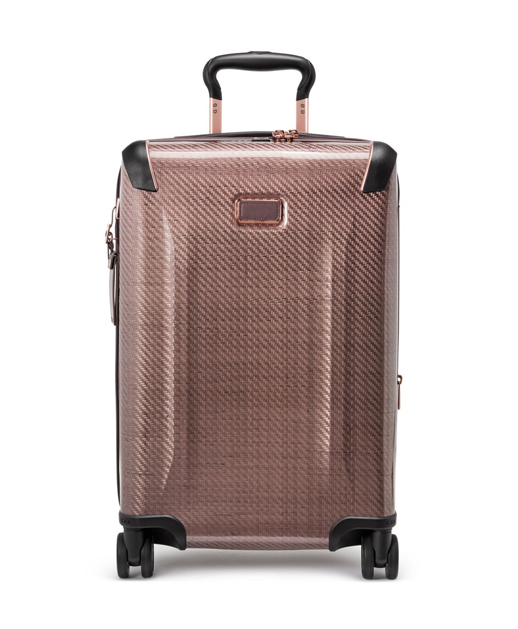 Front panel view of the blush colored suitcase with black accents. 