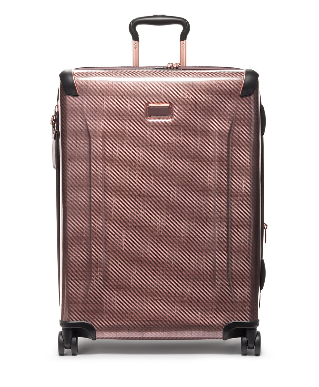 Front panel view of the blush colored suitcase with black accents. The telescopic handle is partly extended. 