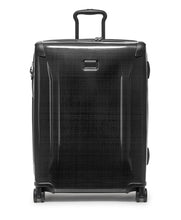 Load image into Gallery viewer, Front panel view of the suitcase with the telescopic handle partly extended. 
