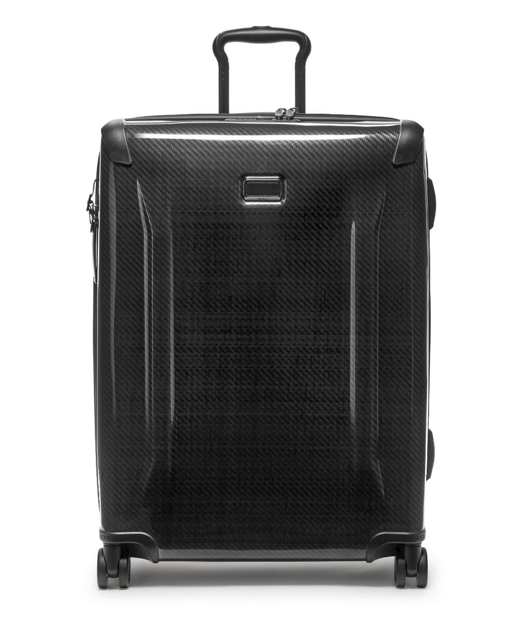 Front panel view of the suitcase with the telescopic handle partly extended. 