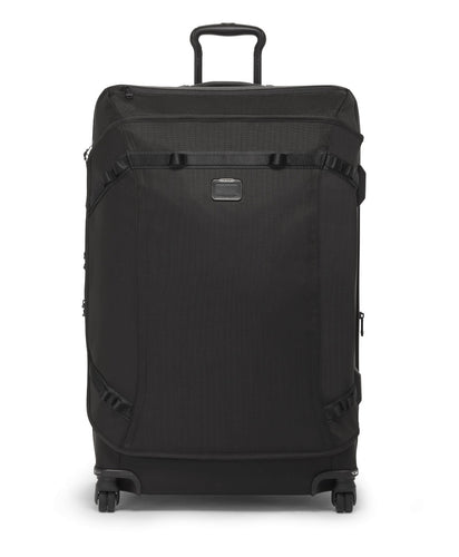 Front panel view of the black suitcase. 