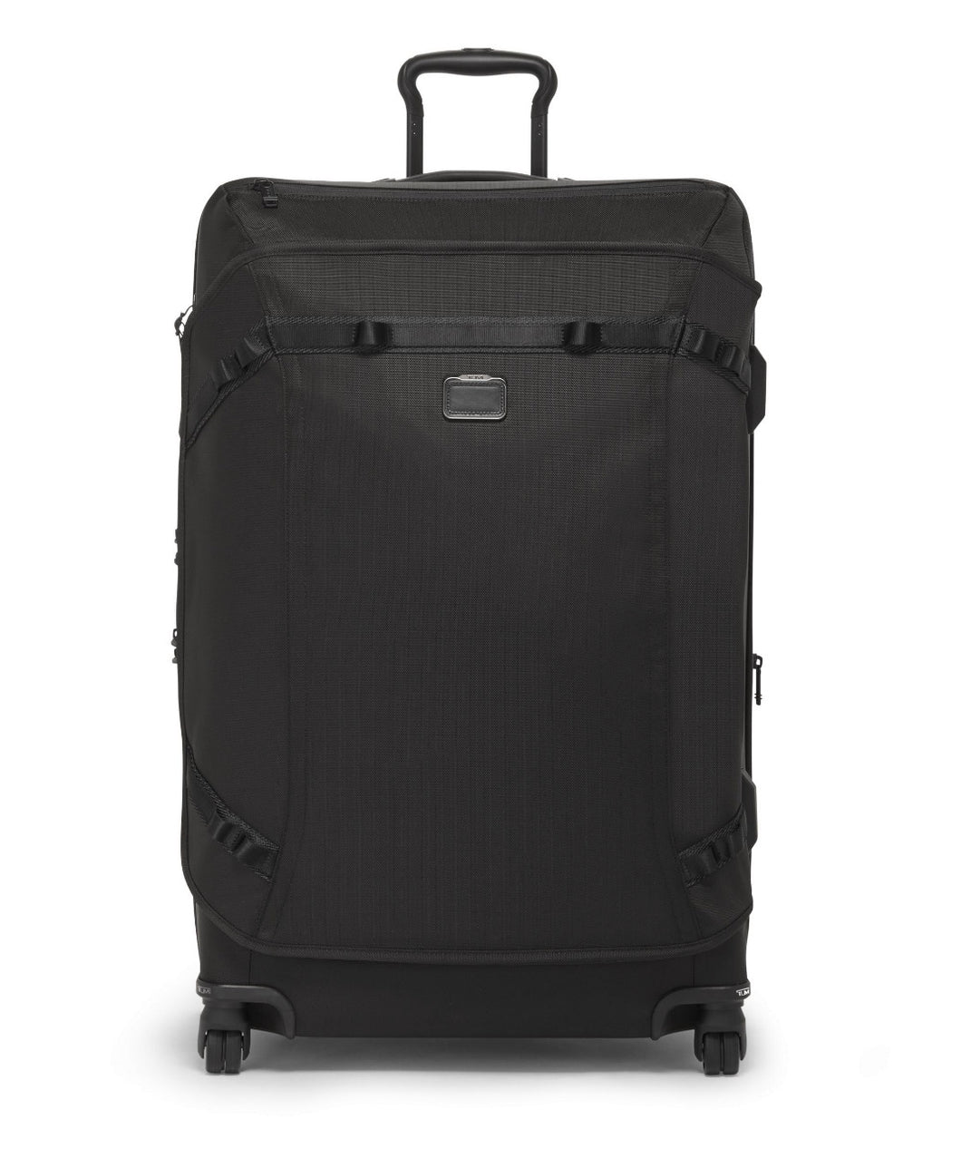 Front panel view of the black suitcase. 