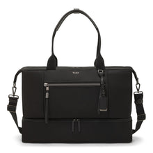 Load image into Gallery viewer, Front panel view of the black bag,  featuring detachable shoulder straps, a main zip compartment, and zipper-closing pockets.
