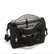 Load image into Gallery viewer, Angled top view of the bag with the main and pockets unzipped. There is a laptop compartment and space for a water  bottle. 
