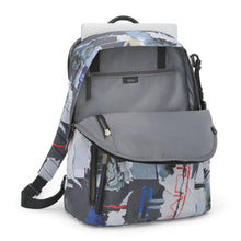 Load image into Gallery viewer, Angled front view with the main compartment unzipped and folded down. There is a laptop peeking from the back compartment.
