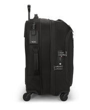 Load image into Gallery viewer, Side panel view of the black suitcase with the expandable feature opened. 
