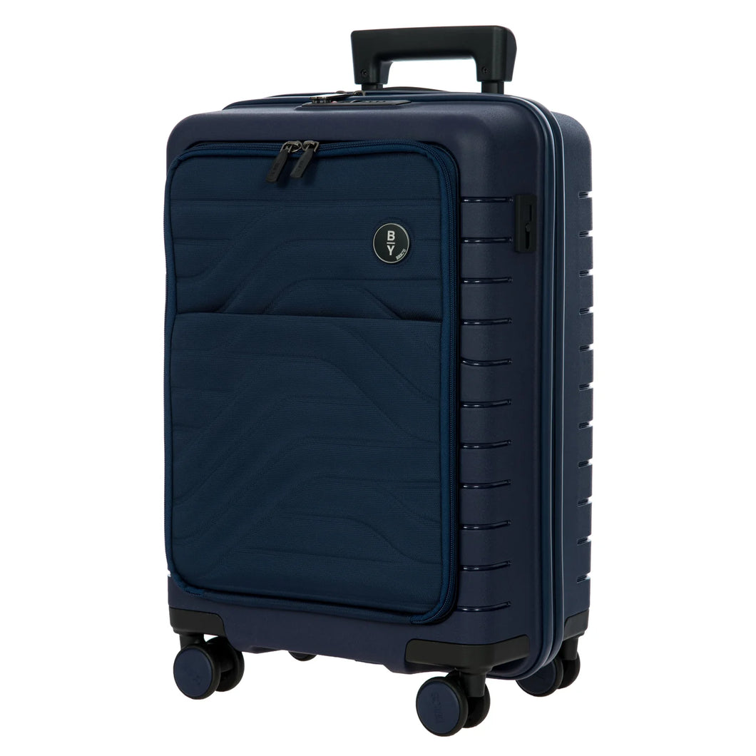 Angled front view of the navy blue suitcase on a white background. 