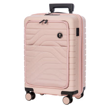 Load image into Gallery viewer, Front angled view of the pink suitcase on a white background. The suitcase is pink with black accents.
