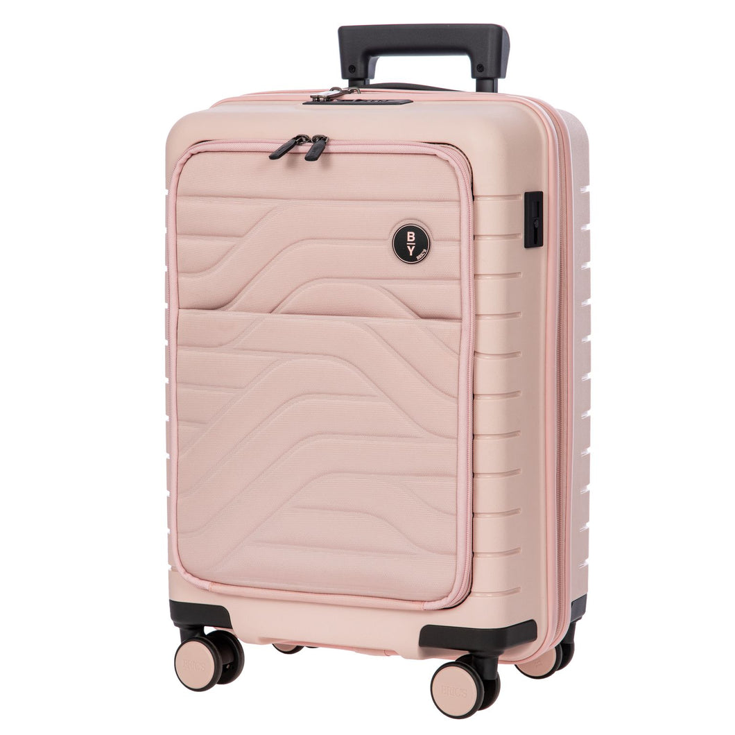Front angled view of the pink suitcase on a white background. The suitcase is pink with black accents.