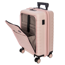 Load image into Gallery viewer, Angled view of the suitcase on a white background. The front pocket is opened, and serves as a laptop compartment. 
