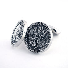 Load image into Gallery viewer, Two circular cufflinks with engraved design on a white background. The engraved text around the design reads: &quot;BEHOLD SAINT CHRISTOPHER THEN GO YOUR WAY IN SAFETY&quot;
