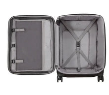 Load image into Gallery viewer, Interior view of the blue suitcase. The lining is gray. The front panel has a foldable compartment for garments. The back panel side has a set of straps to hold contents in place. 
