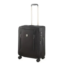 Load image into Gallery viewer, Angled front view of the black suitcase with the telescopic handle extended. 
