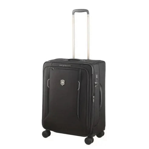 Angled front view of the black suitcase with the telescopic handle extended. 