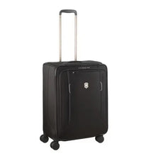Load image into Gallery viewer, Angled front view of the black suitcase. The telescopic handle is extended. 
