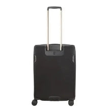 Load image into Gallery viewer, Back panel view of the black suitcase. The telescopic handle is extended. 
