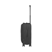 Load image into Gallery viewer, Side panel view of the black suitcase. The telescopic handle is extended. 
