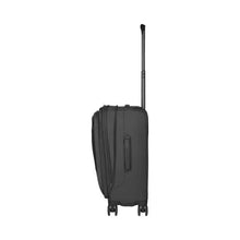 Load image into Gallery viewer, Side panel view of the black suitcase with the expandable feature extended. The telescopic handle is also extended. 

