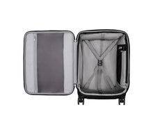 Load image into Gallery viewer, Interior view of the black suitcase. The back panel has a set of straps to hold your contents in place. 
