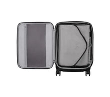 Load image into Gallery viewer, Interior view of the black suitcase. The back panel includes a folding garment holder. 

