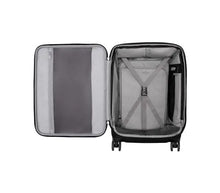 Load image into Gallery viewer, Interior view of the black suitcase. The left panel has a zipper-closing pocket. The back panel has a set of straps to hold your contents in place. 
