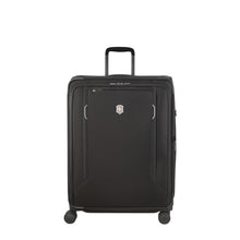 Load image into Gallery viewer, Front panel view of the black suitcase. The telescopic handle is partly extended. 
