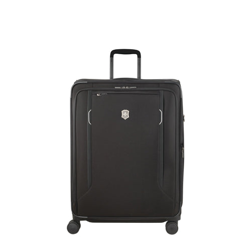 Front panel view of the black suitcase. The telescopic handle is partly extended. 