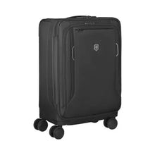 Load image into Gallery viewer, Angled front view of the black suitcase. 
