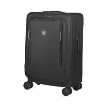 Load image into Gallery viewer, Angled front view of the black suitcase. 
