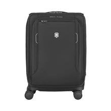 Load image into Gallery viewer, Front panel view of the black suitcase. The telescopic handle is retracted. 
