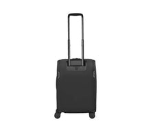 Load image into Gallery viewer, Back panel view of the black suitcase. The telescopic handle is extended. 

