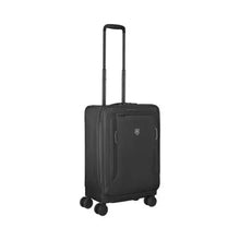Load image into Gallery viewer, Angled front view of the black suitcase. The telescopic handle is extended. 
