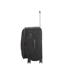 Load image into Gallery viewer, Side panel view of the back suitcase showing the expandable feature extended. There is also a grab handle and a TSA approved three-digit combination lock. 
