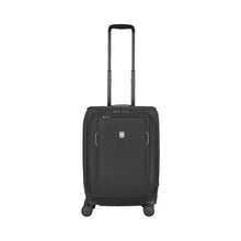 Load image into Gallery viewer, Front panel view of the black suitcase with the telescopic handle extended. 
