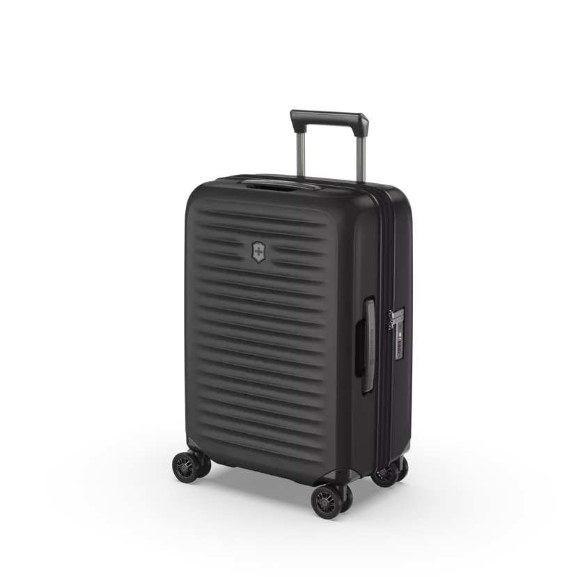Angled front view of the hard shell suitcase. 