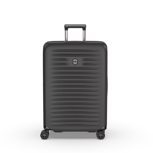 Front Panel View of the hard shell suitcase. The telescopic handle is partly pulled up. 