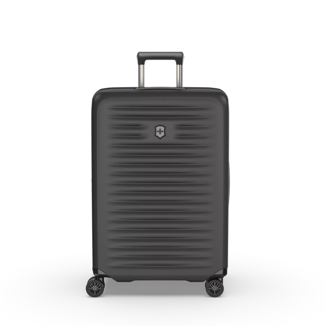 Front Panel View of the hard shell suitcase. The telescopic handle is partly pulled up. 