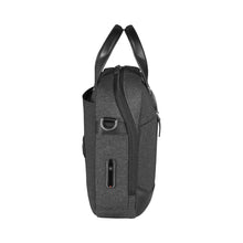 Load image into Gallery viewer, Side panel view of the briefcase with the handle straps pulled up.
