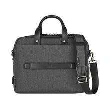 Load image into Gallery viewer, Back panel view of the briefcase with the shoulder strap hanging on the right side. 
