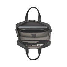 Load image into Gallery viewer, Top panel view showing a laptop and other accessories in their compartments. 
