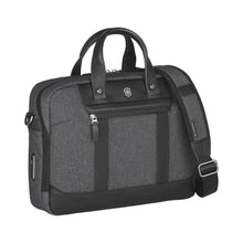 Load image into Gallery viewer, Angled front panel view of the briefcase with the shoulder strap laid on the the top. 
