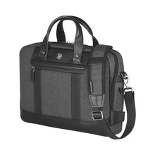 Load image into Gallery viewer, Angled front panel view of the briefcase with the shoulder strap laid on the top.
