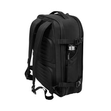 Load image into Gallery viewer, Angled back view of the backpack, showing the water bottle compartment. 
