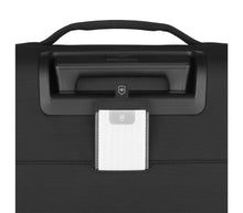 Load image into Gallery viewer, Close up to the back panel. A tag under the telescopic handle can be pulled upwards to show an ID card. 
